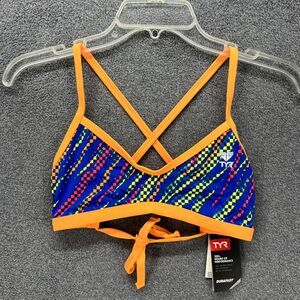 TYR‎ Bikini Top Women Small 4 6 Orange Blue Sassari Crosscut Tie back Swimwear